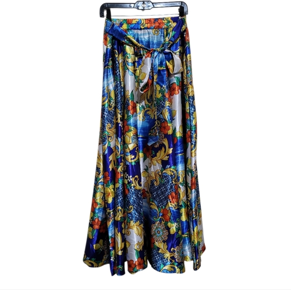Her Style Blue Floral Multicolor Belted Maxi Skirt - Women Size Xlarge - Picture 3 of 10